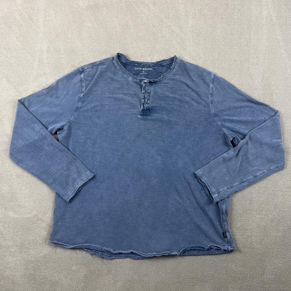 Lucky Brand Henley Shirt Mens XL Blue Long Sleeve Cotton Faded Distressed Hem
